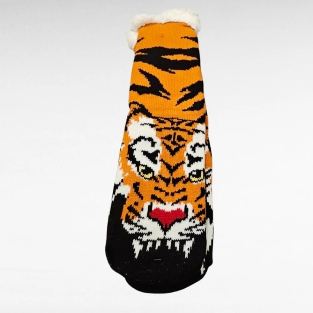 Tiger Sherpa Lined Slipper Socks Non Skid One Size